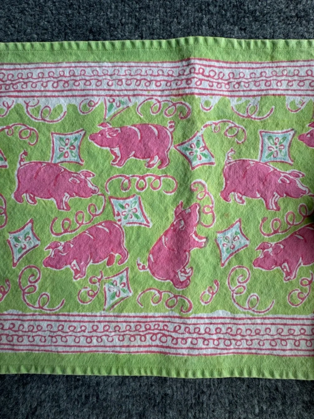 POMEGRANATE Green Pink Pig Cotton Placemats and Napkins Set of 5 each
